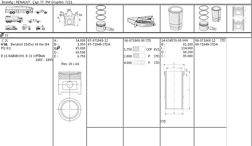 MOTOR KİTİ 8871849 STD 8807186012 77,0 R21 OPTIMA R9 R19 FAIRWAY 1600