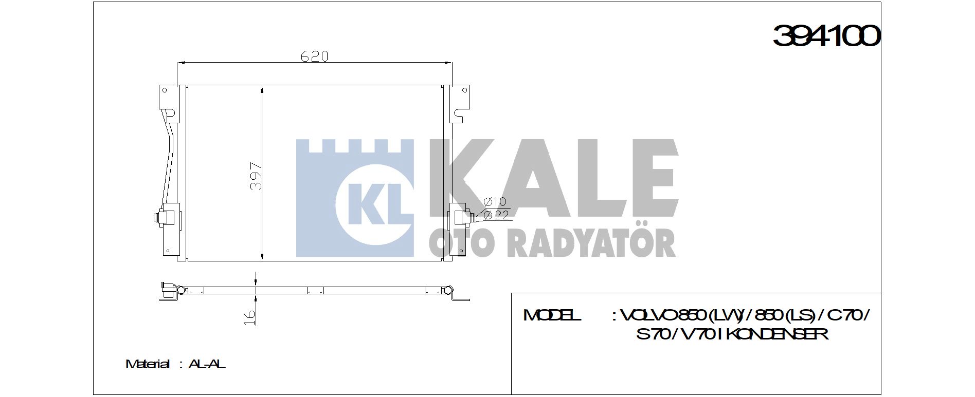KLİMA RADYATÖRÜ 394100 VOLVO 850(LW) (LS) C70 S70 V70 I (620x400x16) KURUTUCULU