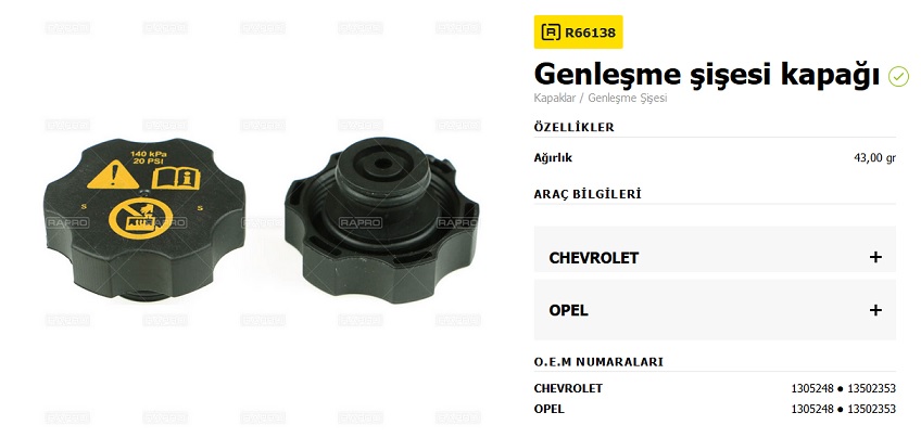 GENLEŞME KAVANOZ KAPAĞI 66138 MERIVA MOKKA ASTRA-H-J INSIGNIA AVEO CRUZE