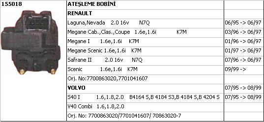 BOBİN (SİYAH SOKET) 155018 LAGUNA 2.0-16V N7Q SOL S40