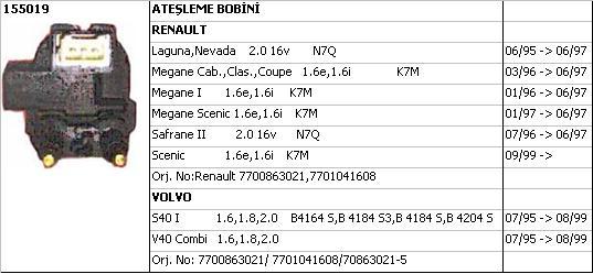 BOBİN (BEYAZ SOKET) 155019 LAGUNA 2.0-16V N7Q SAĞ S40